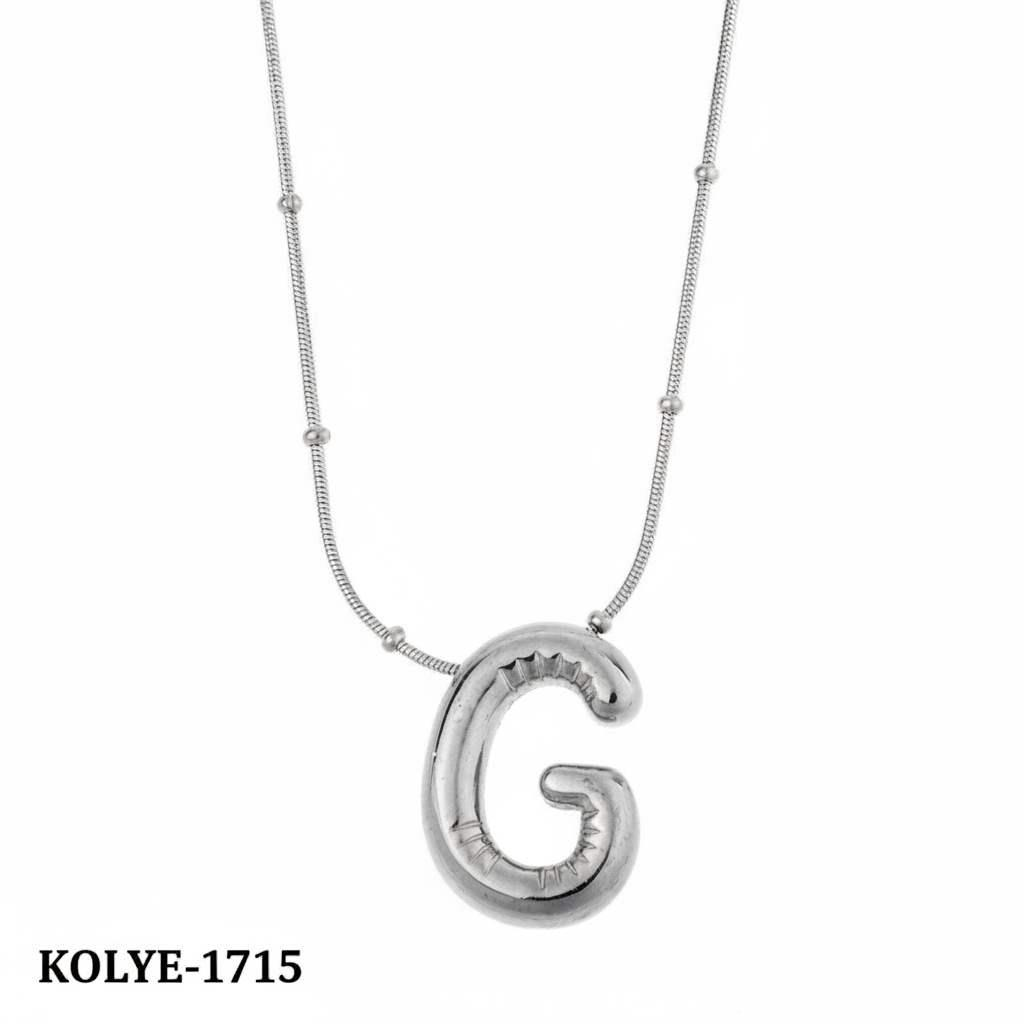 KOLYE-1715_1785582793.jpg Steel Balloon Letter Necklace (G) 45cm Silver Color // KOLYE-1715