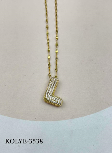 Steel Gold Stone Balloon Letter Necklace 45cm (L) // KOLYE-3538