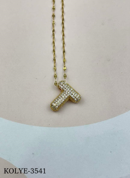 Steel Gold Stone Balloon Letter Necklace 45cm (T) // KOLYE-3541
