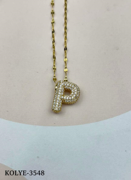 Steel Gold Stone Balloon Letter Necklace 45cm (P) // KOLYE-3548