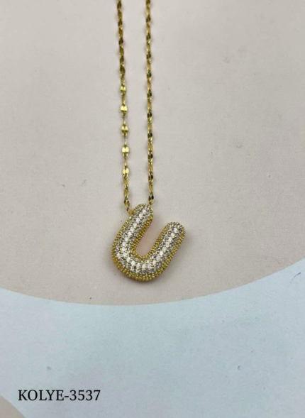 Steel Gold Stone Balloon Letter Necklace 45cm (L) // KOLYE-3537