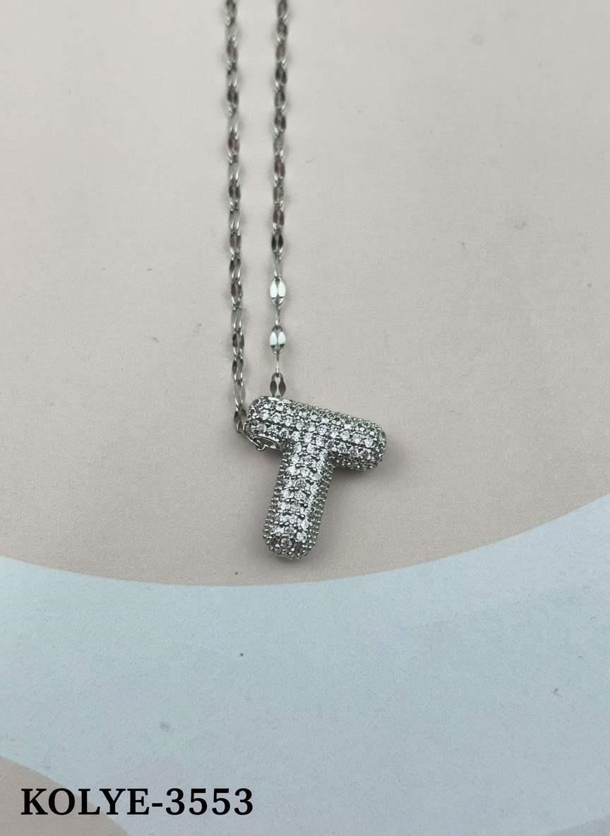 KOLYE-3553_1785584245.jpg Steel Silver Stone Balloon Letter Necklace 45cm (T) // KOLYE-3553
