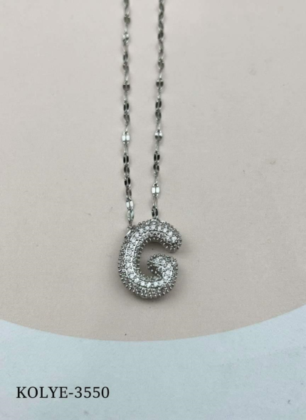 Steel Silver Stone Balloon Letter Necklace 45cm (W) // KOLYE-3550
