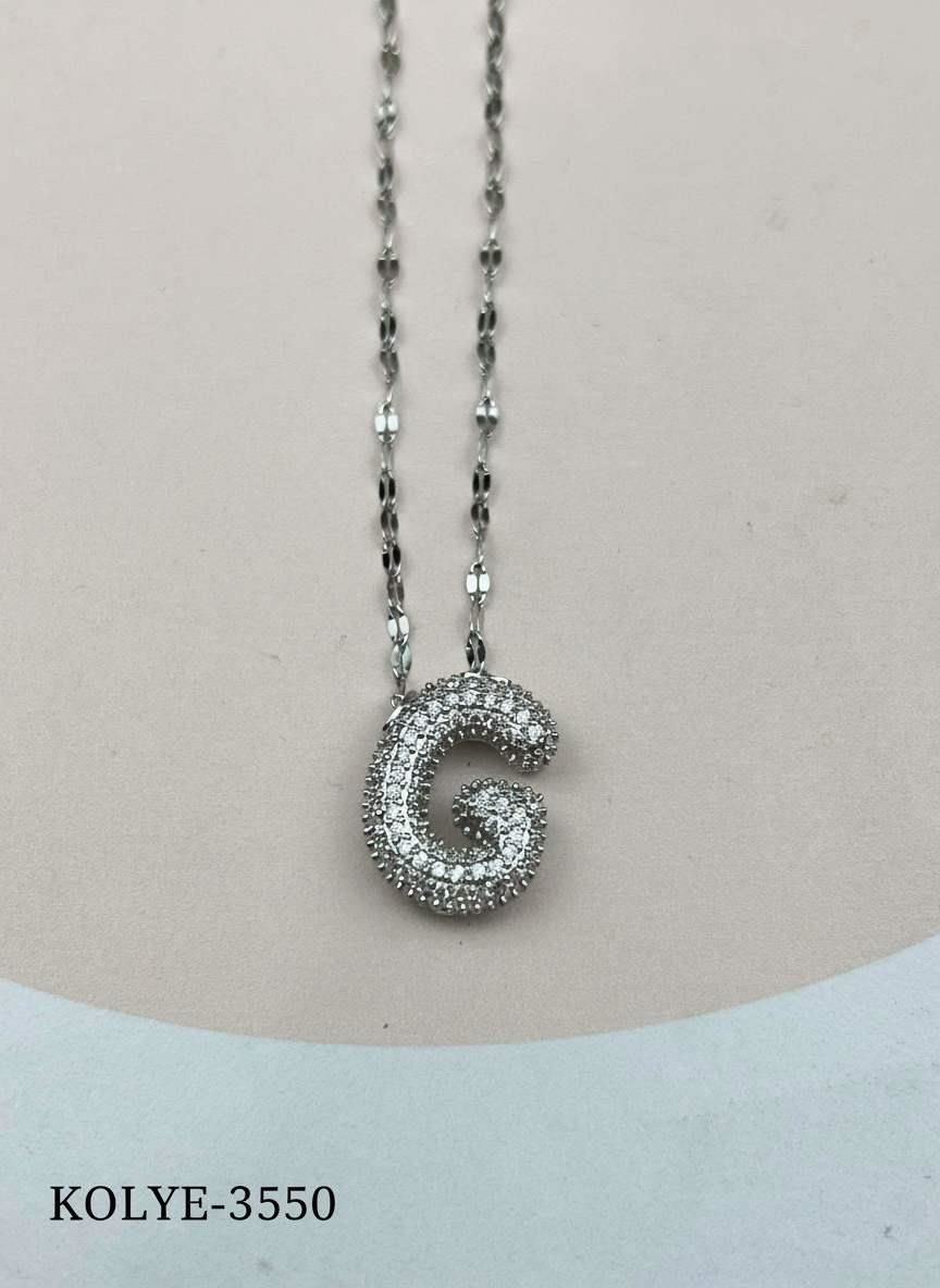 KOLYE-3550_1785584080.jpg Steel Silver Stone Balloon Letter Necklace 45cm (W) // KOLYE-3550