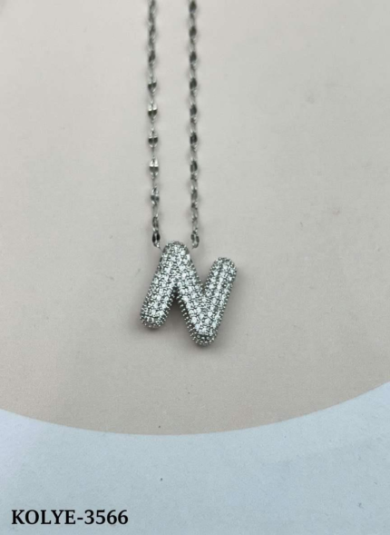 Steel Silver Stone Balloon Letter Necklace 45cm (N) // KOLYE-3566