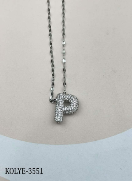 Steel Silver Stone Balloon Letter Necklace 45cm (P) // KOLYE-3551