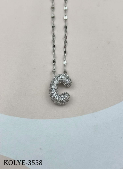 Steel Silver Stone Balloon Letter Necklace 45cm (C) // KOLYE-3558