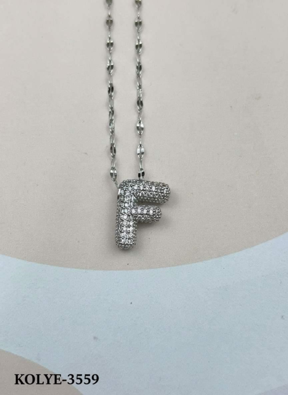 Steel Silver Stone Balloon Letter Necklace 45cm (F) // KOLYE-3559