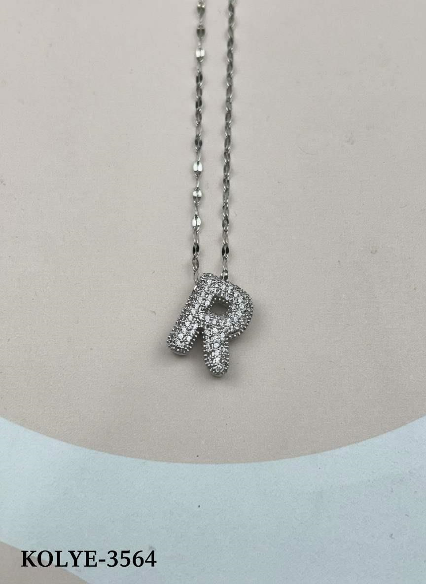 KOLYE-3564_1785584224.jpg Steel Silver Stone Balloon Letter Necklace 45cm (R) // KOLYE-3564