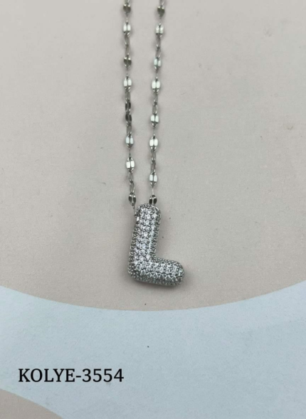 Steel Silver Stone Balloon Letter Necklace 45cm (L) // KOLYE-3554