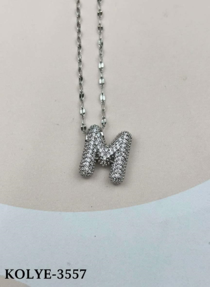 Steel Silver Stone Balloon Letter Necklace 45cm (M) // KOLYE-3557