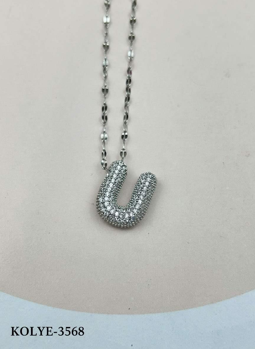 KOLYE-3568_1785584267.jpg Steel Silver Stone Balloon Letter Necklace 45cm (L) // KOLYE-3568
