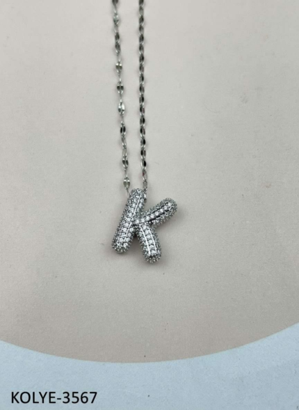 Steel Silver Stone Balloon Letter Necklace 45cm (K) // KOLYE-3567