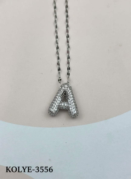 Steel Silver Stone Balloon Letter Necklace 45cm (A) // KOLYE-3556