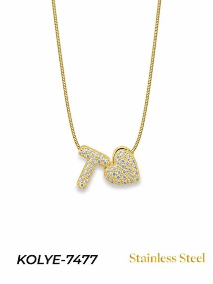 Steel Stone Heart Motif Letter Necklace // KOLYE-7477