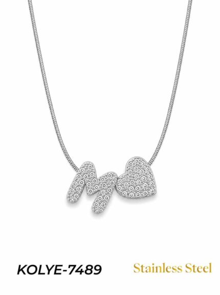 Steel Stone Heart Motif Letter Necklace // KOLYE-7489