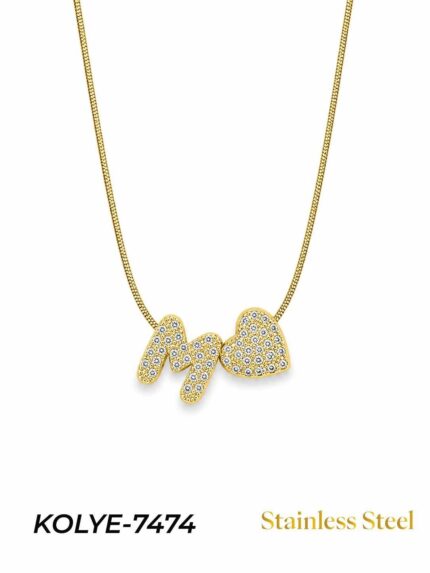 Steel Stone Heart Motif Letter Necklace // KOLYE-7474