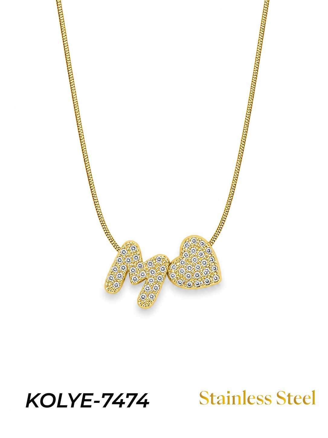 KOLYE-7474_1785584435.jpg Steel Stone Heart Motif Letter Necklace // KOLYE-7474