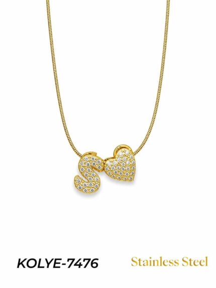 Steel Stone Heart Motif Letter Necklace // KOLYE-7476