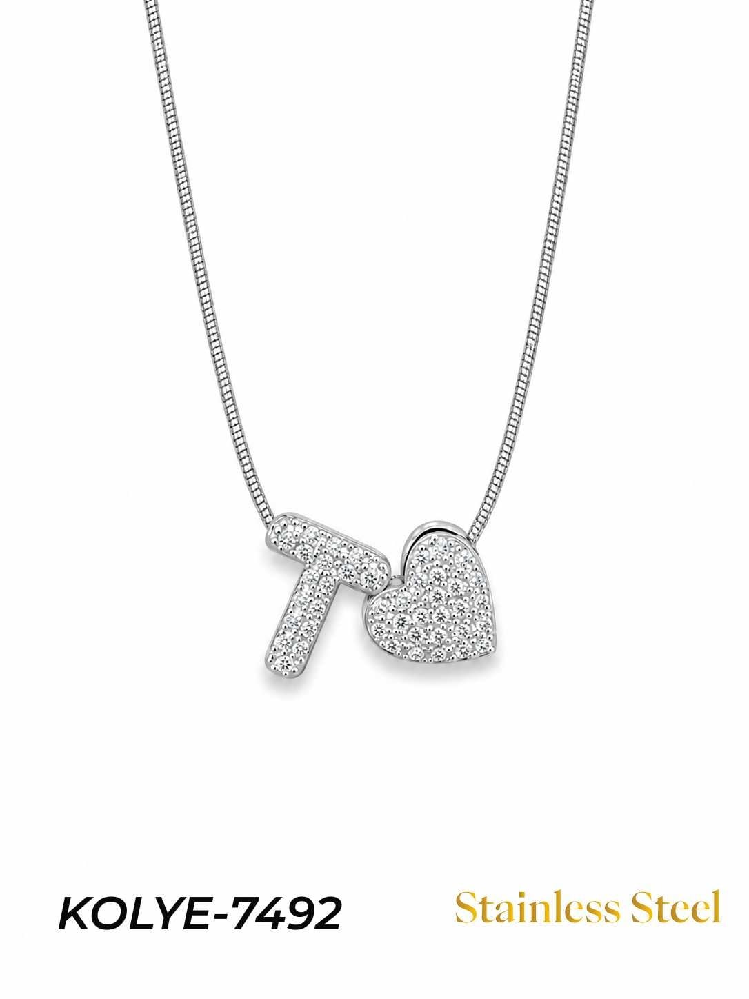 KOLYE-7492_1785584727.jpg Steel Stone Heart Motif Letter Necklace // KOLYE-7492
