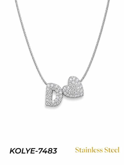 Steel Stone Heart Motif Letter Necklace // KOLYE-7483