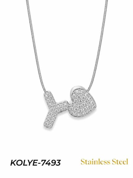 Steel Stone Heart Motif Letter Necklace // KOLYE-7493