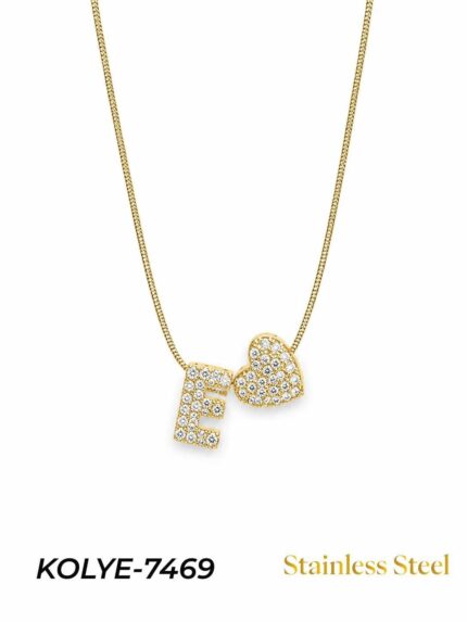 Steel Stone Heart Motif Letter Necklace // KOLYE-7469