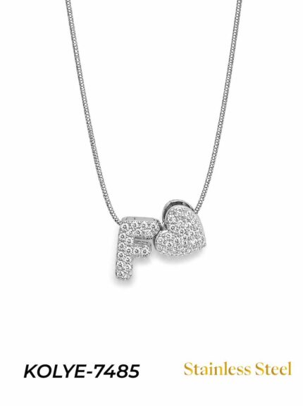 Steel Stone Heart Motif Letter Necklace // KOLYE-7485