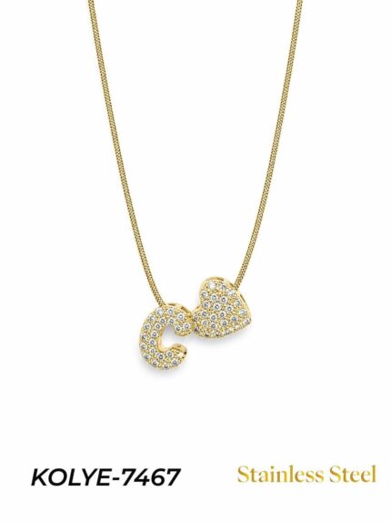 Steel Stone Heart Motif Letter Necklace // KOLYE-7467