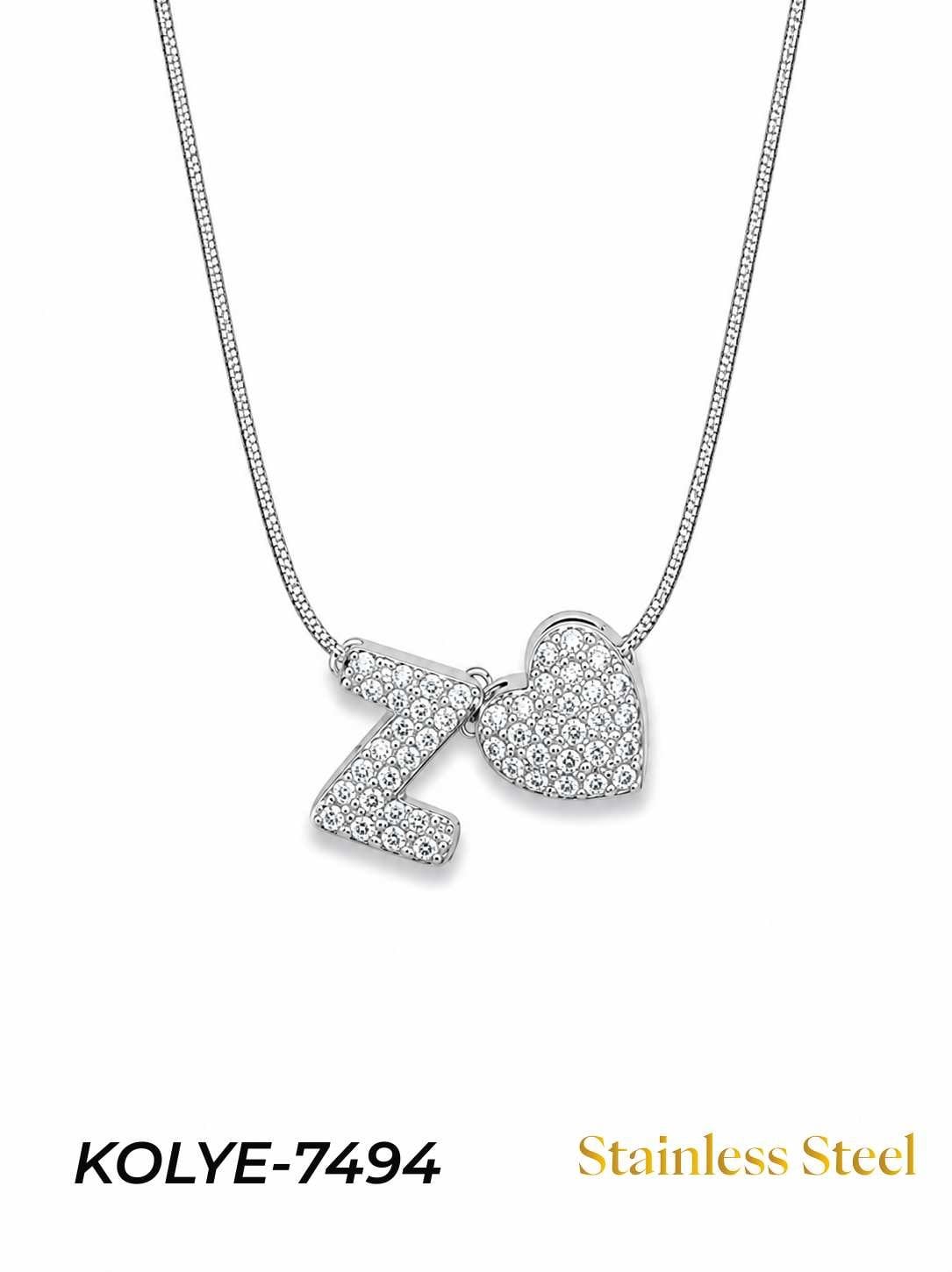 KOLYE-7494_1785584759.jpg Steel Stone Heart Motif Letter Necklace // KOLYE-7494