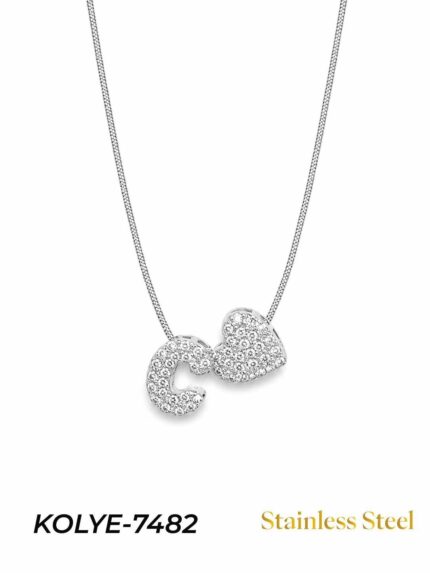 Steel Stone Heart Motif Letter Necklace // KOLYE-7482