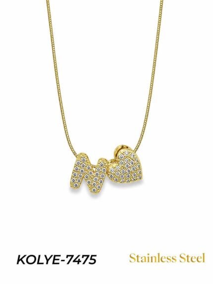 Steel Stone Heart Motif Letter Necklace // KOLYE-7475