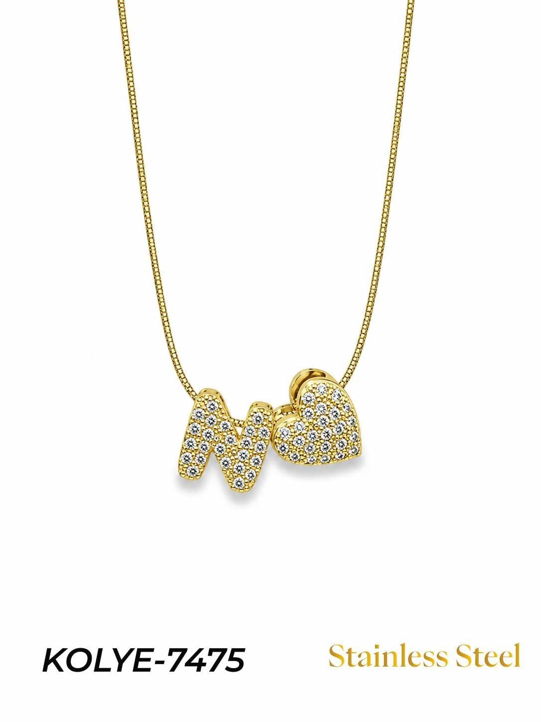 KOLYE-7475_1785584451.jpg Steel Stone Heart Motif Letter Necklace // KOLYE-7475