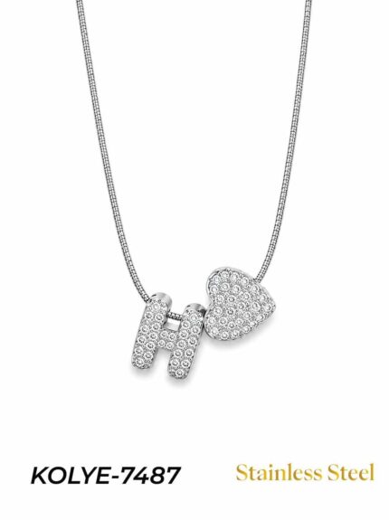 Steel Stone Heart Motif Letter Necklace // KOLYE-7487