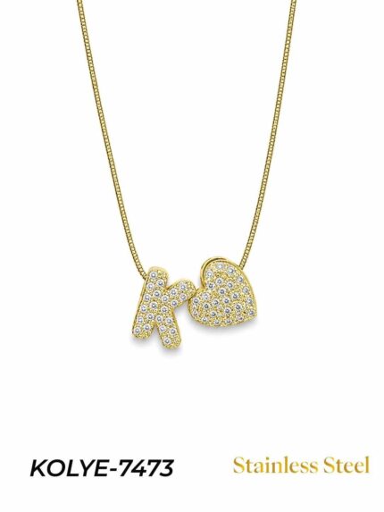 Steel Stone Heart Motif Letter Necklace // KOLYE-7473