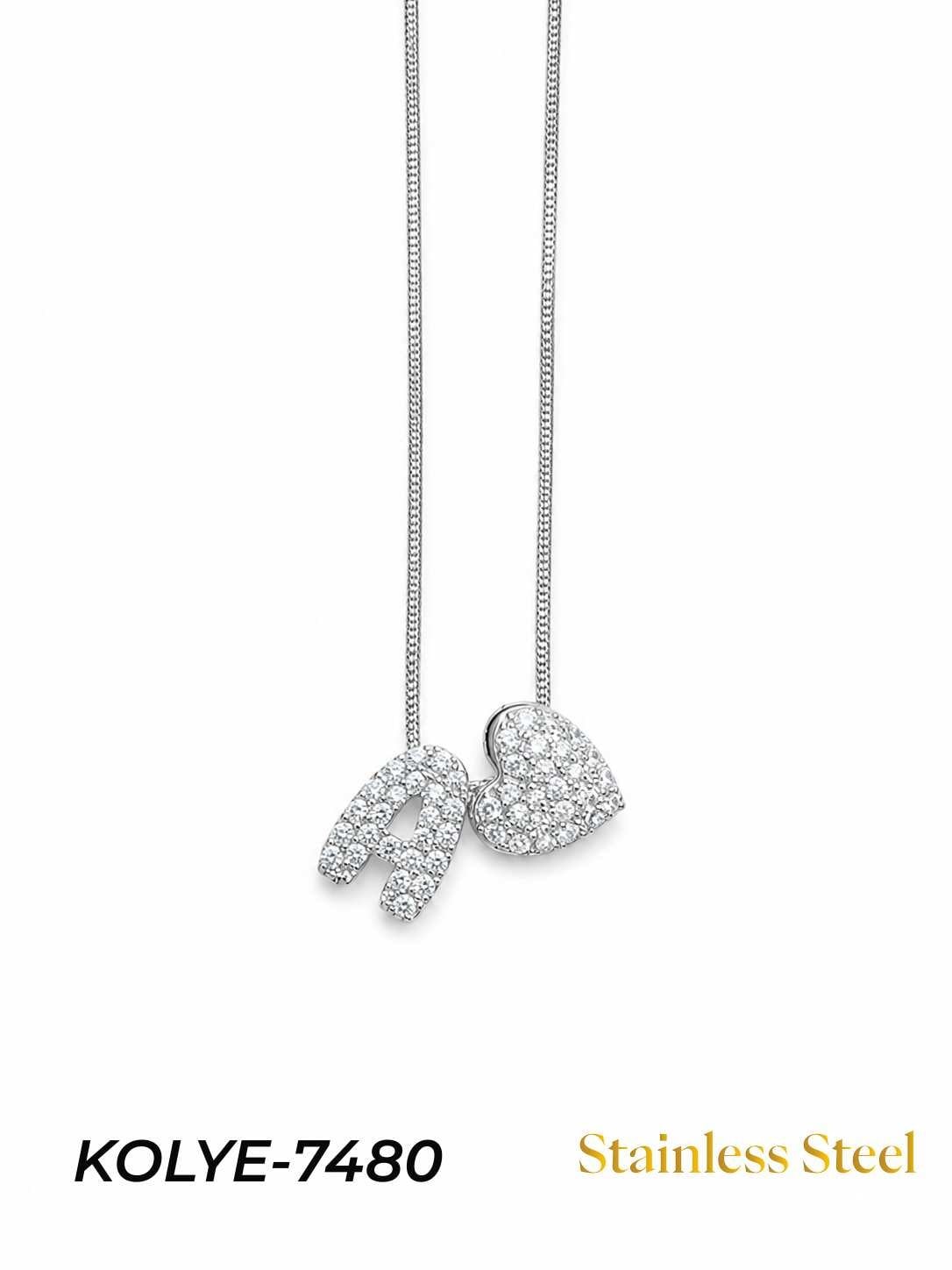 KOLYE-7480_1785584532.jpg Steel Stone Heart Motif Letter Necklace // KOLYE-7480