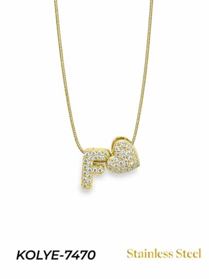 Steel Stone Heart Motif Letter Necklace // KOLYE-7470