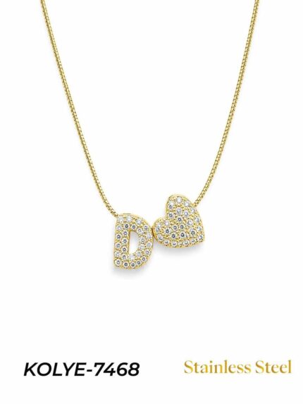 Steel Stone Heart Motif Letter Necklace // KOLYE-7468