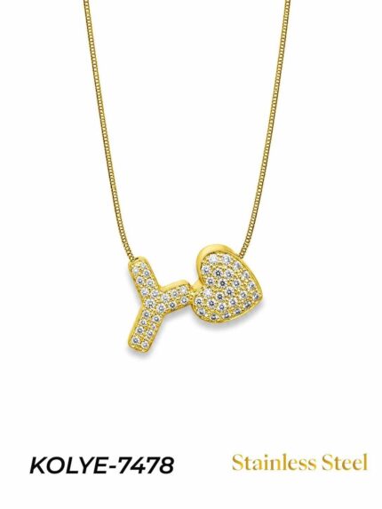Steel Stone Heart Motif Letter Necklace // KOLYE-7478