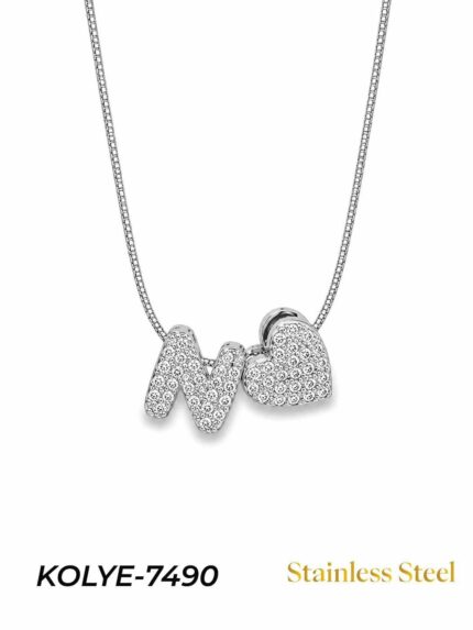Steel Stone Heart Motif Letter Necklace // KOLYE-7490