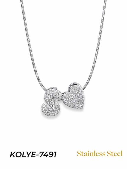 Steel Stone Heart Motif Letter Necklace // KOLYE-7491