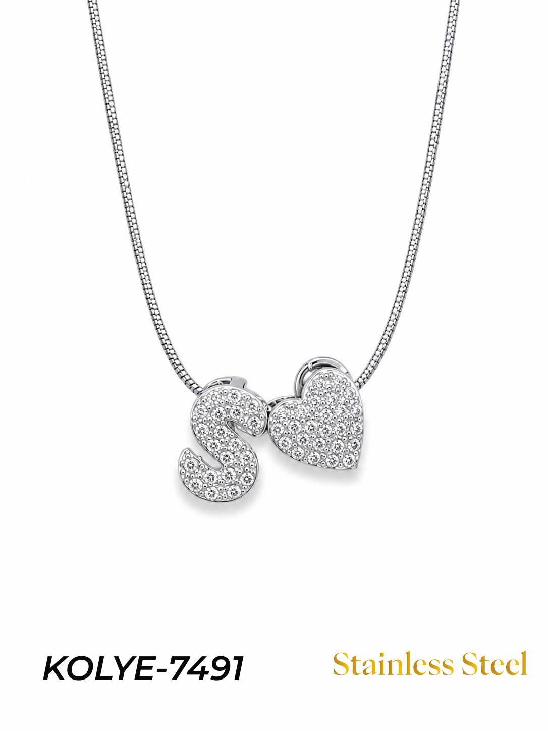 KOLYE-7491_1785584710.jpg Steel Stone Heart Motif Letter Necklace // KOLYE-7491