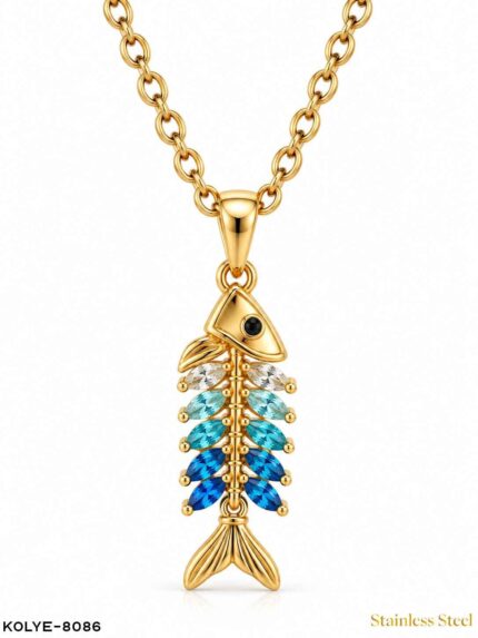 Steel Fish Back Colored Stone Necklace 45CM //Necklace-8086