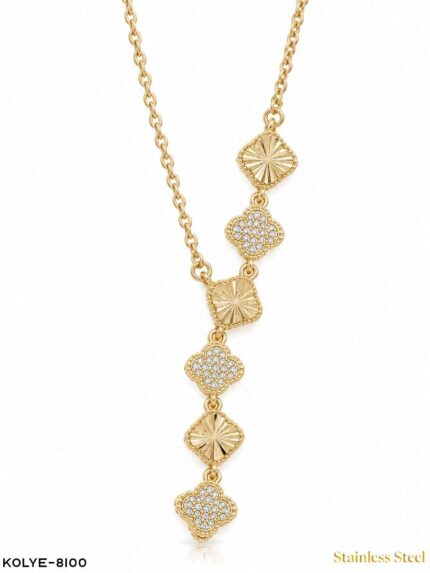 Steel Stone Clover Motif Y Necklace //Necklace-8100